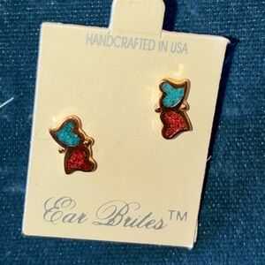 Cute Butterfly Heart Stud Earrings - Red & Turquoise
